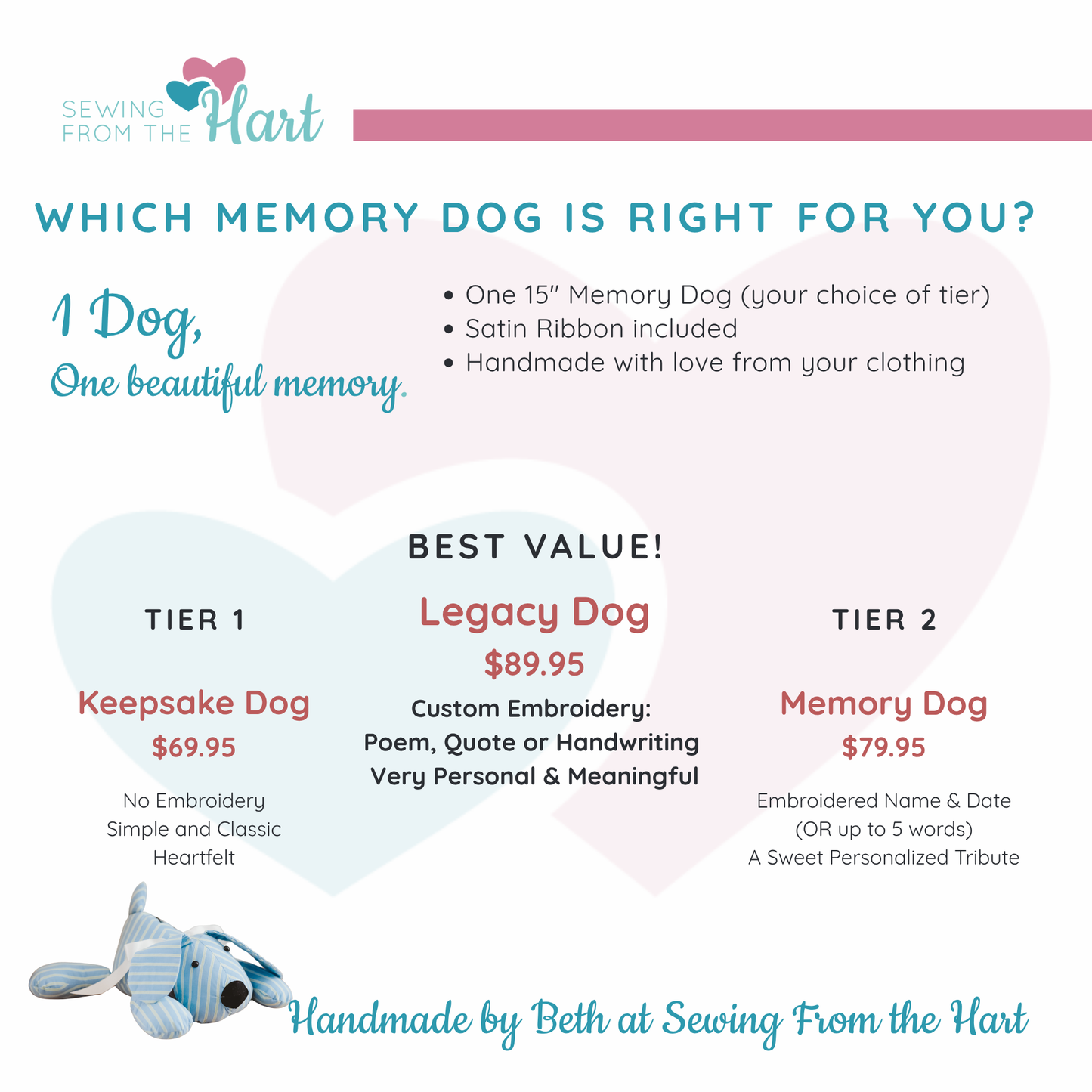 Memory Dog – Custom 15” Keepsake Made from Clothing | Personalized Tribute with Optional Embroidery