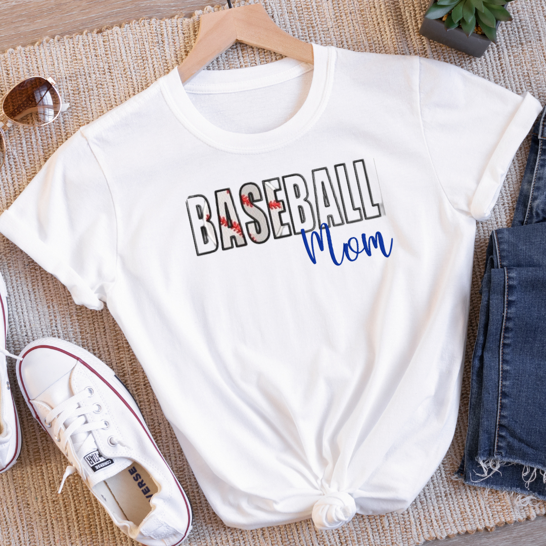 Baseball Mom" Glitter HTV Embroidered T-Shirt