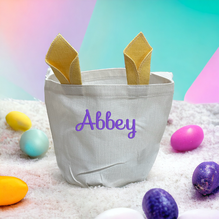 Personalized Linen Easter Basket with Pink Bunny Ears | Customizable Easter Egg Hunt Basket