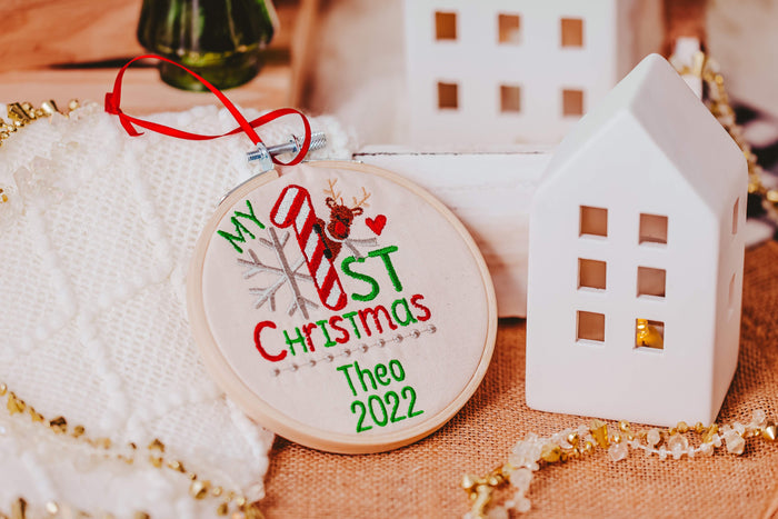 Celebrate your baby's first Christmas with this adorable personalized ornament. The embroidered design features a cute reindeer and the words "My 1st Christmas". Thi