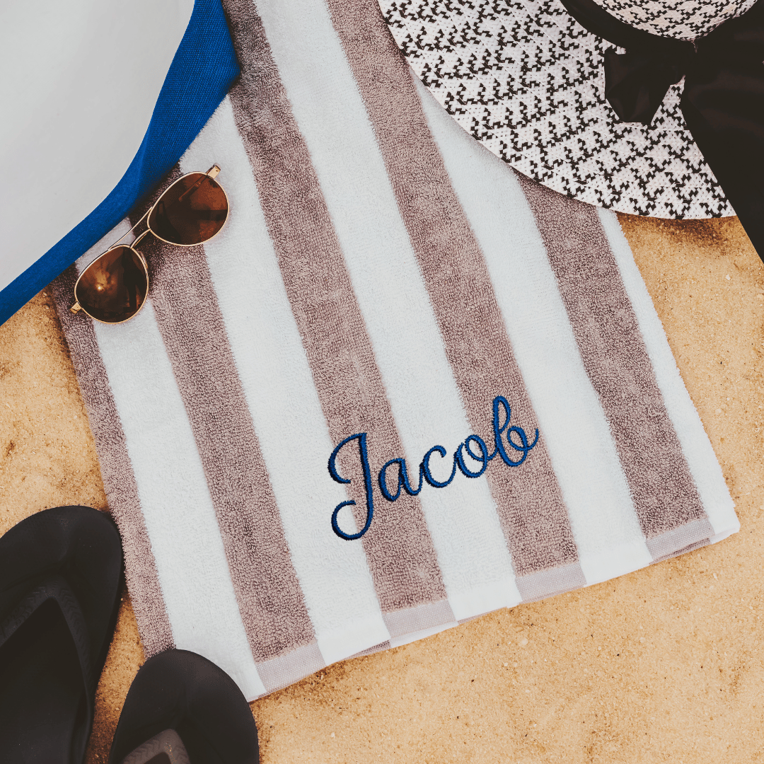 Luxurious Gray Striped Cabana Beach Towel with Personalized Embroidery
