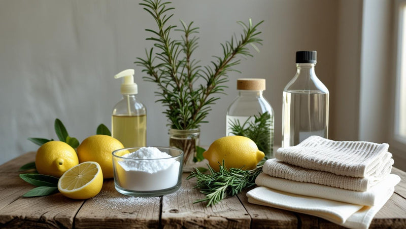 Natural cleaning supplies, lemons, rosemary, vinegar, water, baking sodary