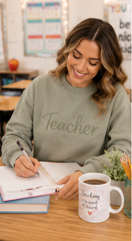 A woman in a classroom setting wearing a sage green crewneck sweatshirt with the word 'Teacher' embroidered across the chest, writing in a notebook next to a white mug that says 'Teaching is a mind of my own'.