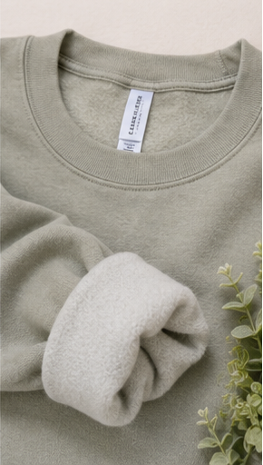 Close-up of a sage green crewneck sweatshirt with a folded cuff showing the soft fleece lining, featuring a visible 'casestudies' brand tag.