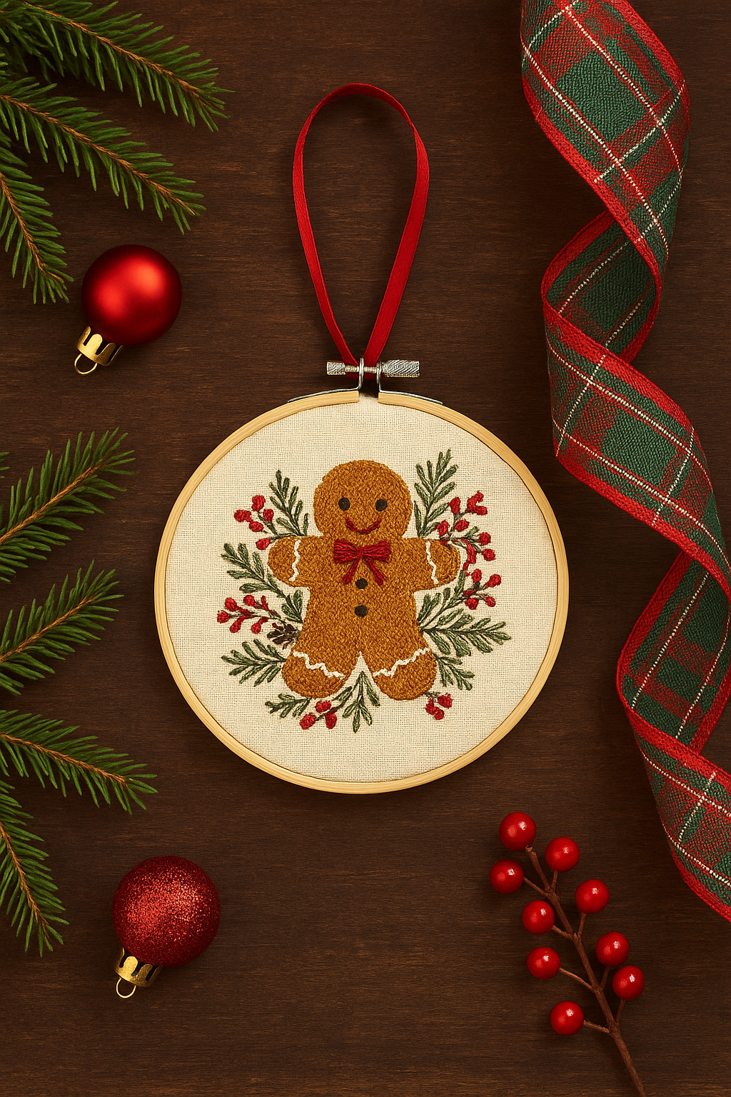 Machine Embroidered Gingerbread Man Ornament – 4-Inch Bamboo Hoop | Handmade Kitchmas Décor