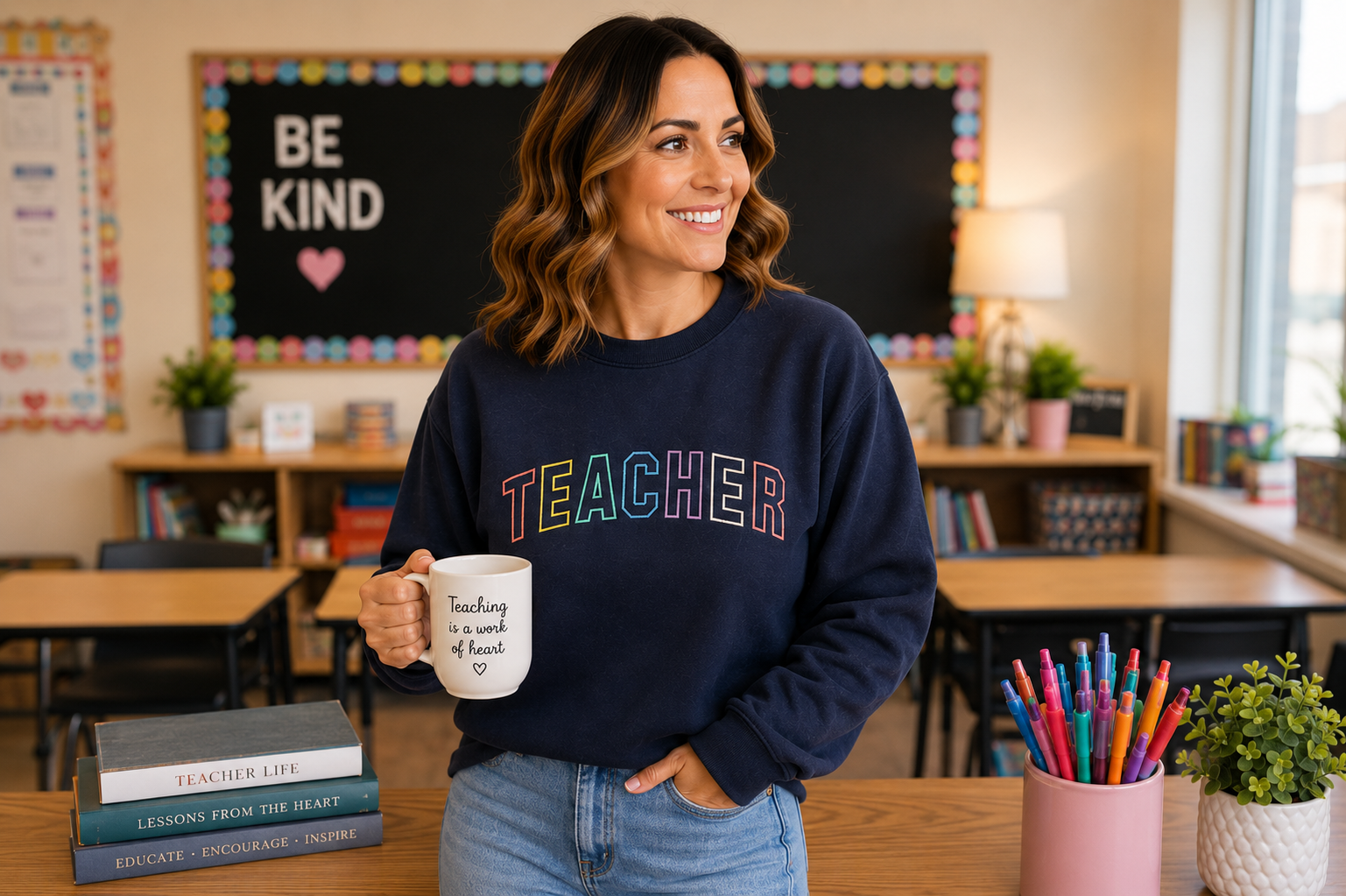 A woman in a classroom setting wearing a navy blue sweatshirt with 'TEACHER' printed across the chest in colorful outlined letters. She is holding a white ceramic mug that reads 'teaching is a word of art'.