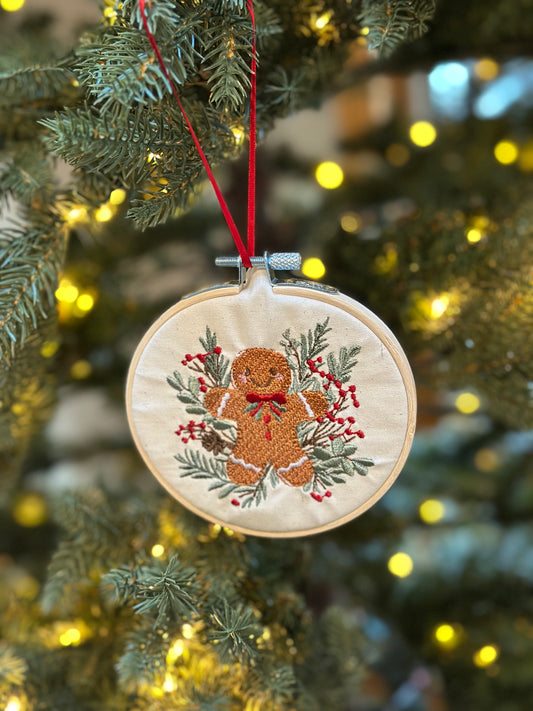 Machine Embroidered Gingerbread Man Ornament – 4-Inch Bamboo Hoop | Handmade Kitchmas Décor
