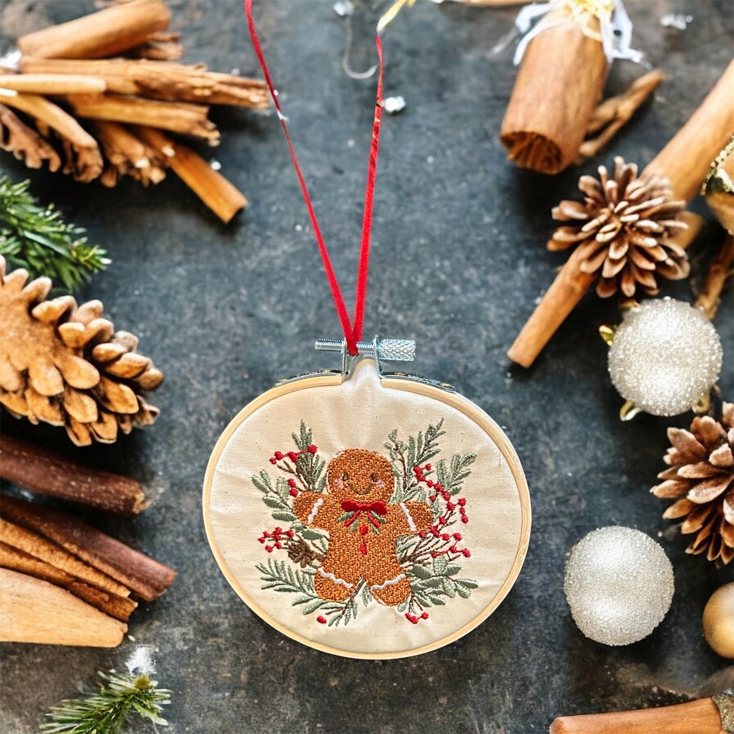 Machine Embroidered Gingerbread Man Ornament – 4-Inch Bamboo Hoop | Handmade Kitchmas Décor