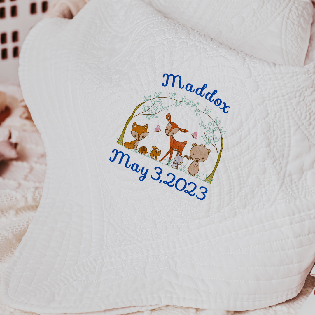 Woodland Themed Custom Baby Blanket – Personalized Heirloom Quilt with Name & Birthdate