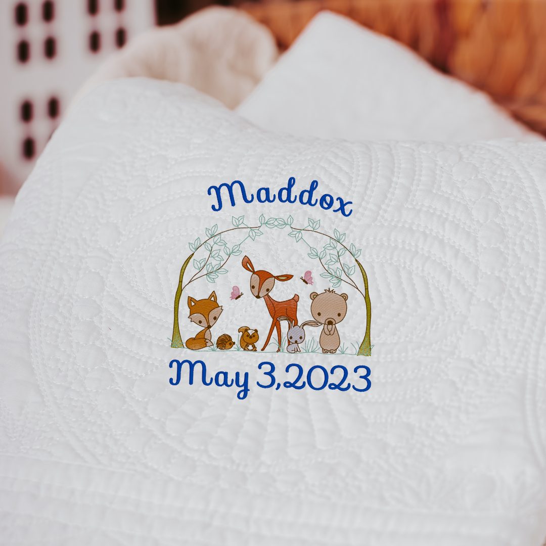 Woodland Themed Custom Baby Blanket – Personalized Heirloom Quilt with Name & Birthdate