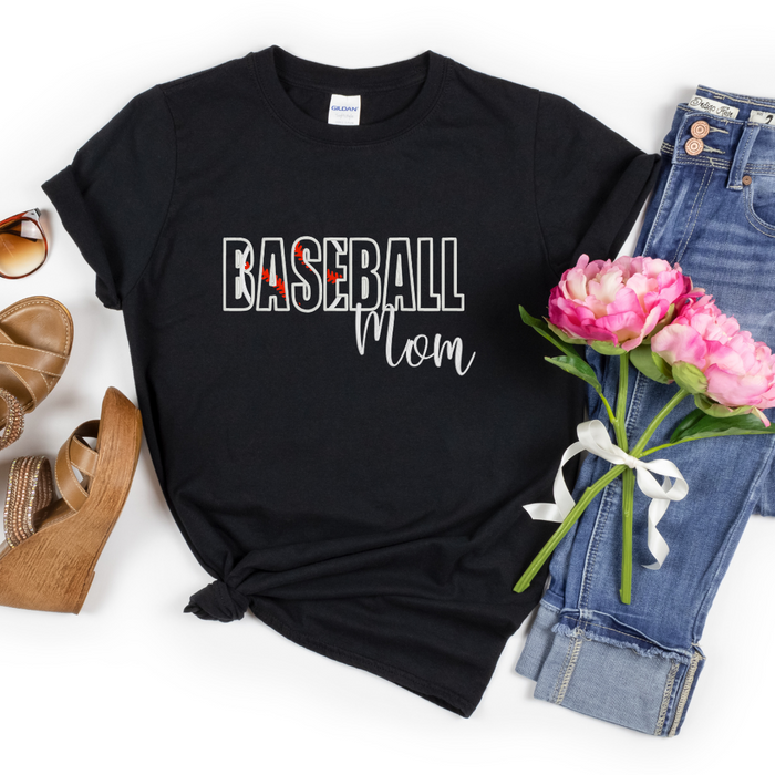 "Baseball Mom" Glitter HTV Embroidered T-Shirt