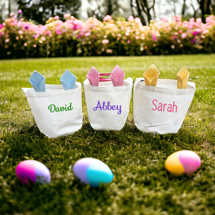 Personalized Linen Easter Basket with Pink Bunny Ears | Customizable Easter Egg Hunt Basket