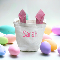 Personalized Linen Easter Basket with Pink Bunny Ears | Customizable Easter Egg Hunt Basket