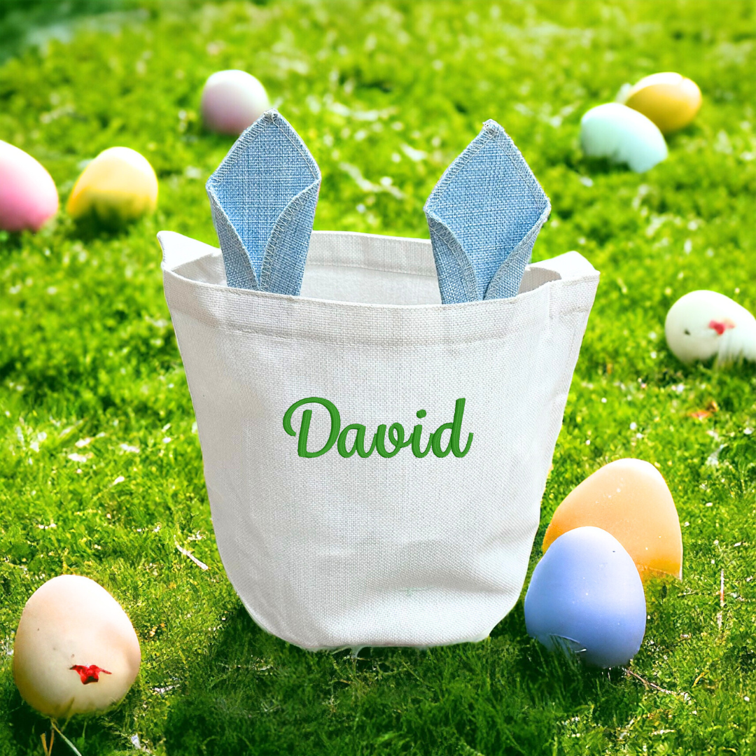 Personalized Linen Easter Basket with Pink Bunny Ears | Customizable Easter Egg Hunt Basket