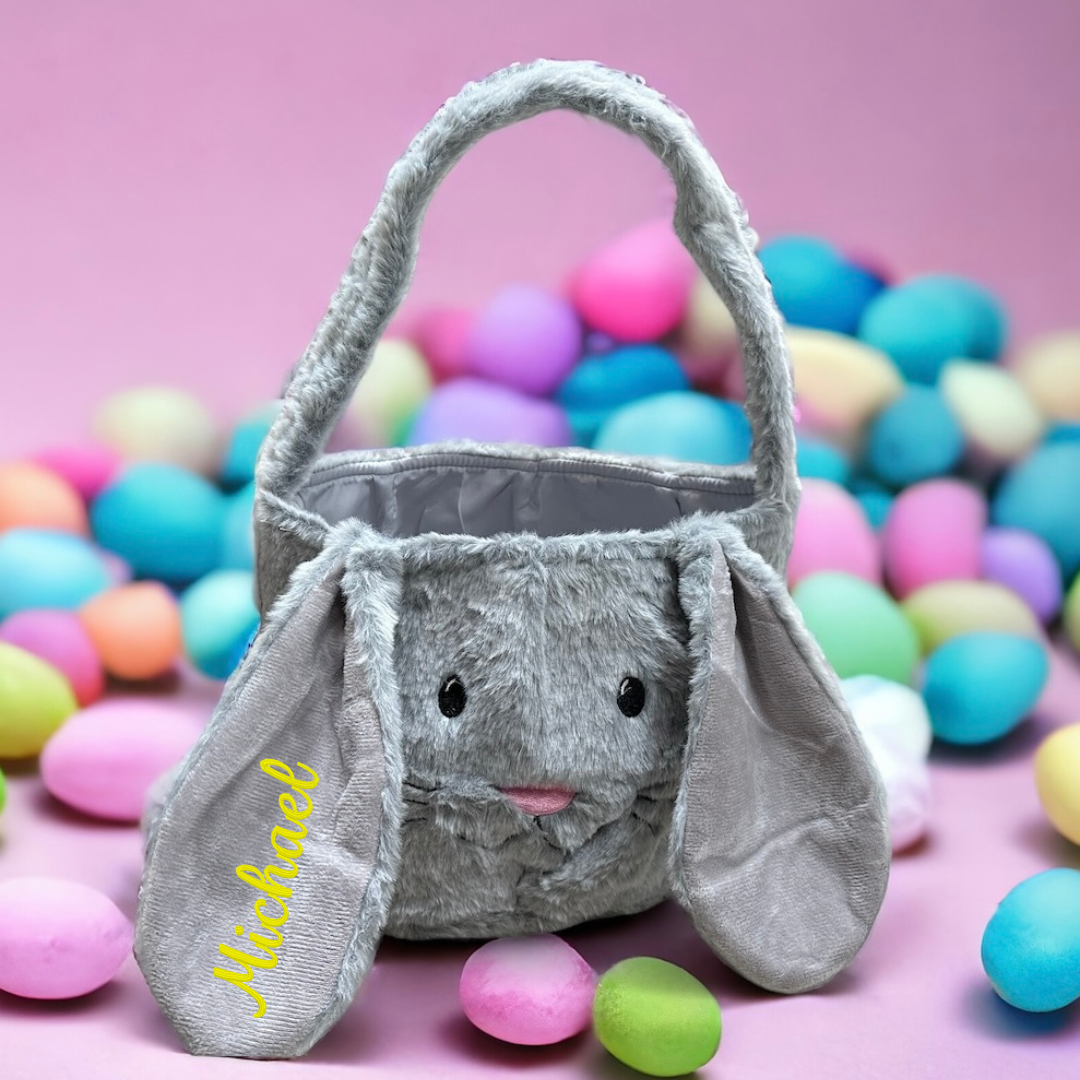 Personalized Plush Gray Easter Bunny Basket