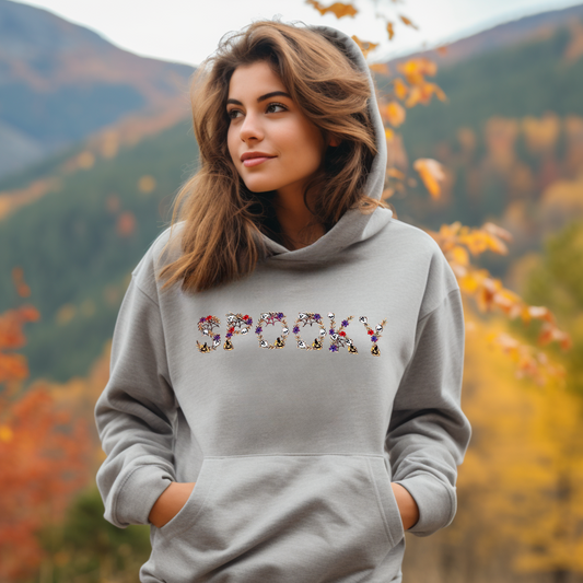 Custom Halloween Hoodie – Embroidered Spooky Word Sweatshirt – Gildan Softstyle