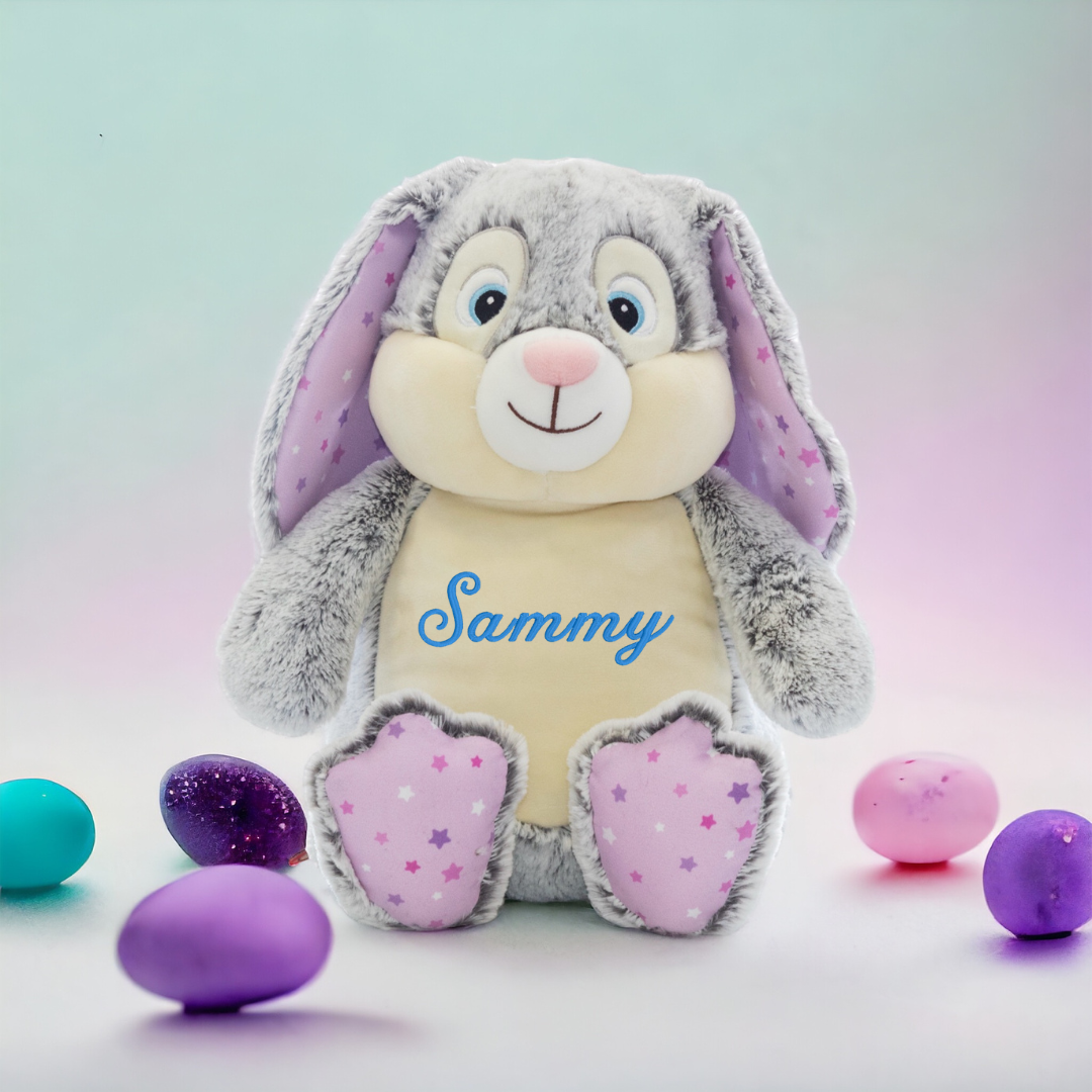 
Welcome the joy of Easter with our delightful Personalized Purple Embroidered Easter Bunny! Standing tall at 18 inches, this cuddly companion is a charming addition