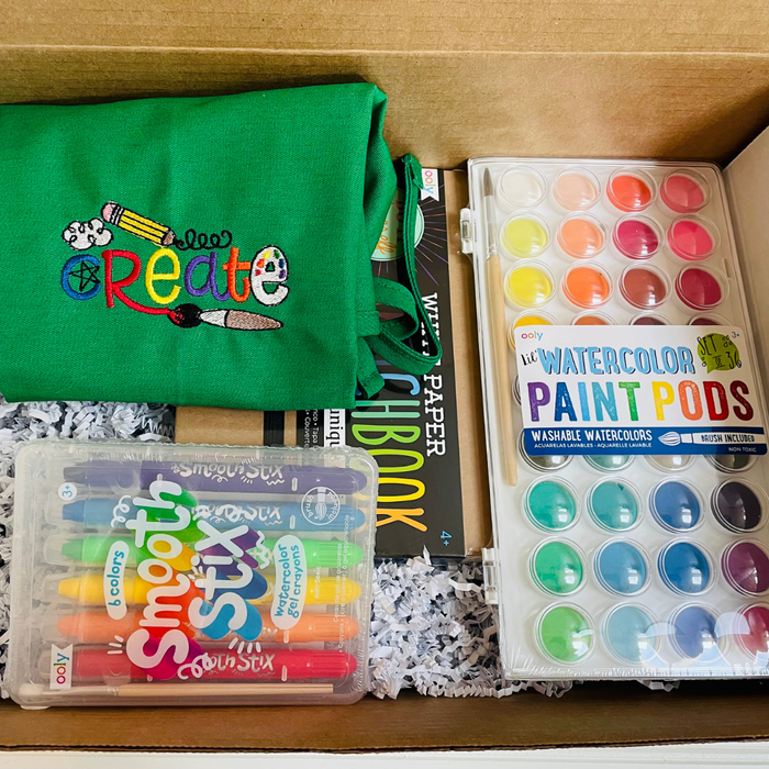 Kids love art! This box is the perfect for the child who loves to explore with art. It features a personalized art smock. Along with 36 watercolor paints, watercolor