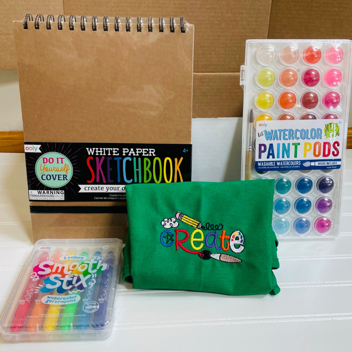 Kids love art! This box is the perfect for the child who loves to explore with art. It features a personalized art smock. Along with 36 watercolor paints, watercolor