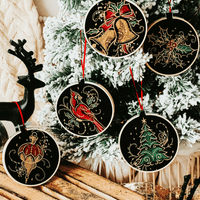 Add a touch of luxurious elegance to your home’s holiday decorations. These beautiful ornaments are embroidered on black fabric and feature metallic embroidery threa