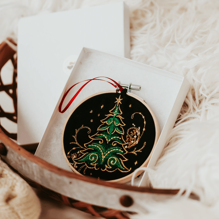 Add a touch of luxurious elegance to your home’s holiday decorations. These beautiful ornaments are embroidered on black fabric and feature metallic embroidery threa