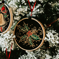 Add a touch of luxurious elegance to your home’s holiday decorations. These beautiful ornaments are embroidered on black fabric and feature metallic embroidery threa