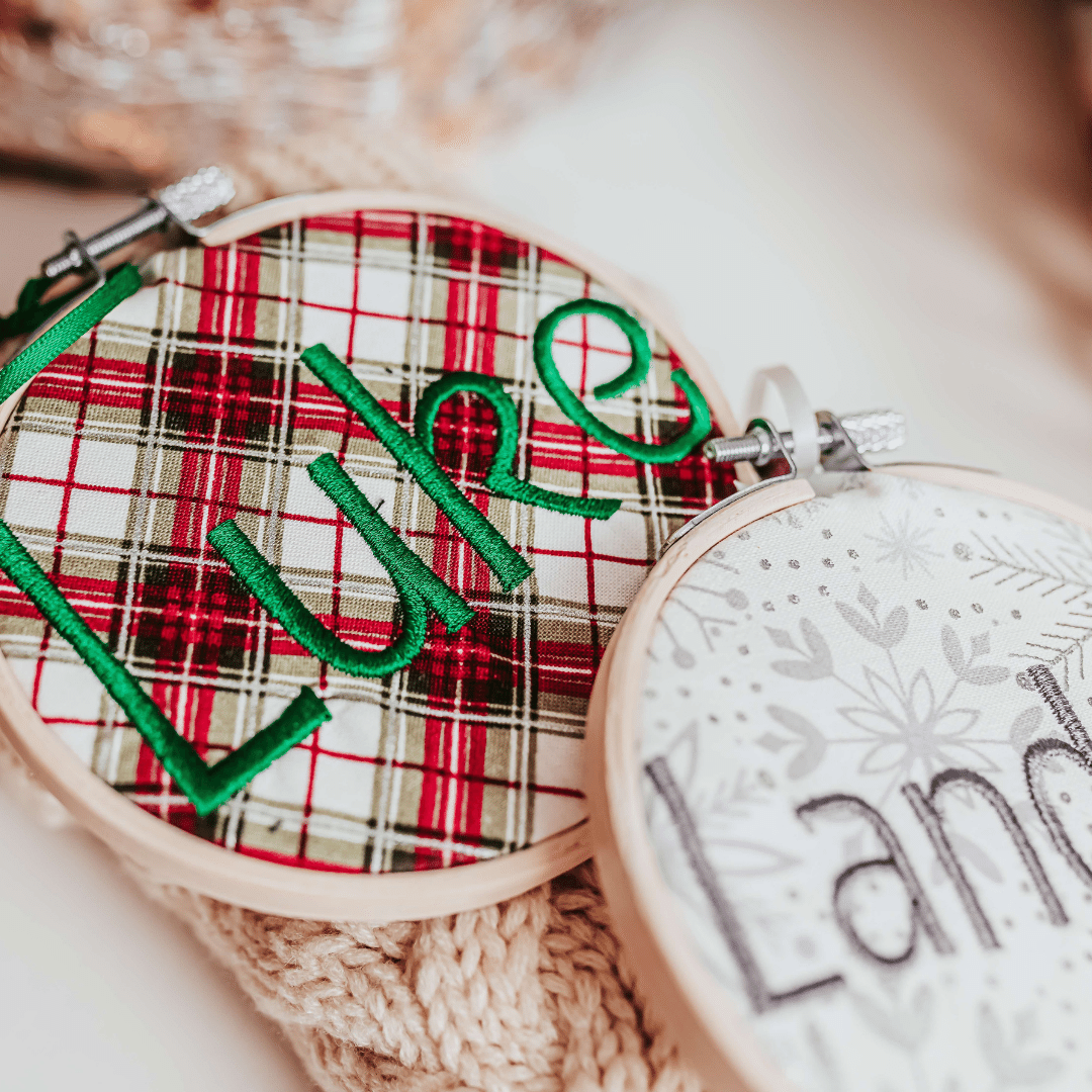 Add a touch of elegance to your Christmas decor with these personalized Christmas stocking tags. Each tag is in a bamboo embroidery hoop with a satin ribbon for hang
