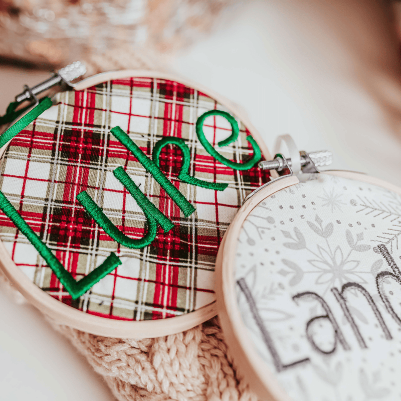 Add a touch of elegance to your Christmas decor with these personalized Christmas stocking tags. Each tag is in a bamboo embroidery hoop with a satin ribbon for hang