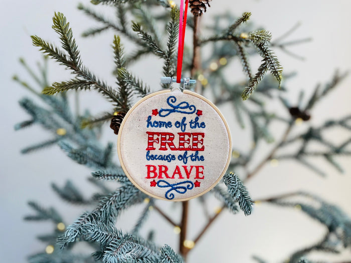 Remember those who have fought for freedom with this beautiful ornament. Ornament is machine embroidered. Embroidery hoop is 4”. This is the perfect gift for a milit