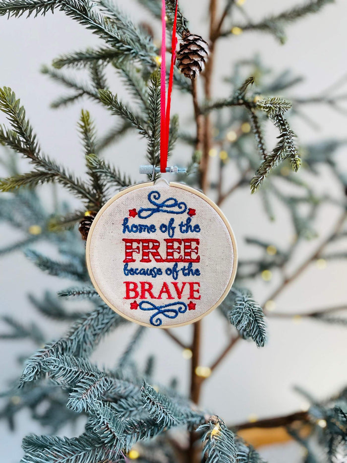 Remember those who have fought for freedom with this beautiful ornament. Ornament is machine embroidered. Embroidery hoop is 4”. This is the perfect gift for a milit