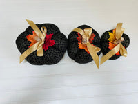 Introducing our set of 3 fabric pumpkins, available in large, medium, and small sizes. These pumpkins are made from a unique black and gold swirled fabric, adding a 