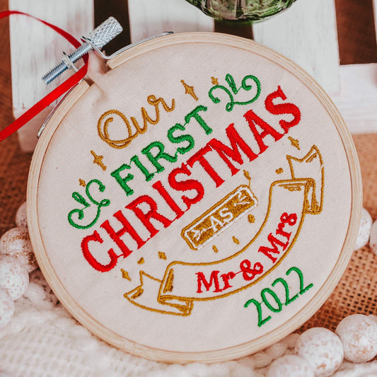 Celebrate your first Christmas together with this beautiful ornament. This machine embroidered ornament features a traditional design and the year of your wedding, m