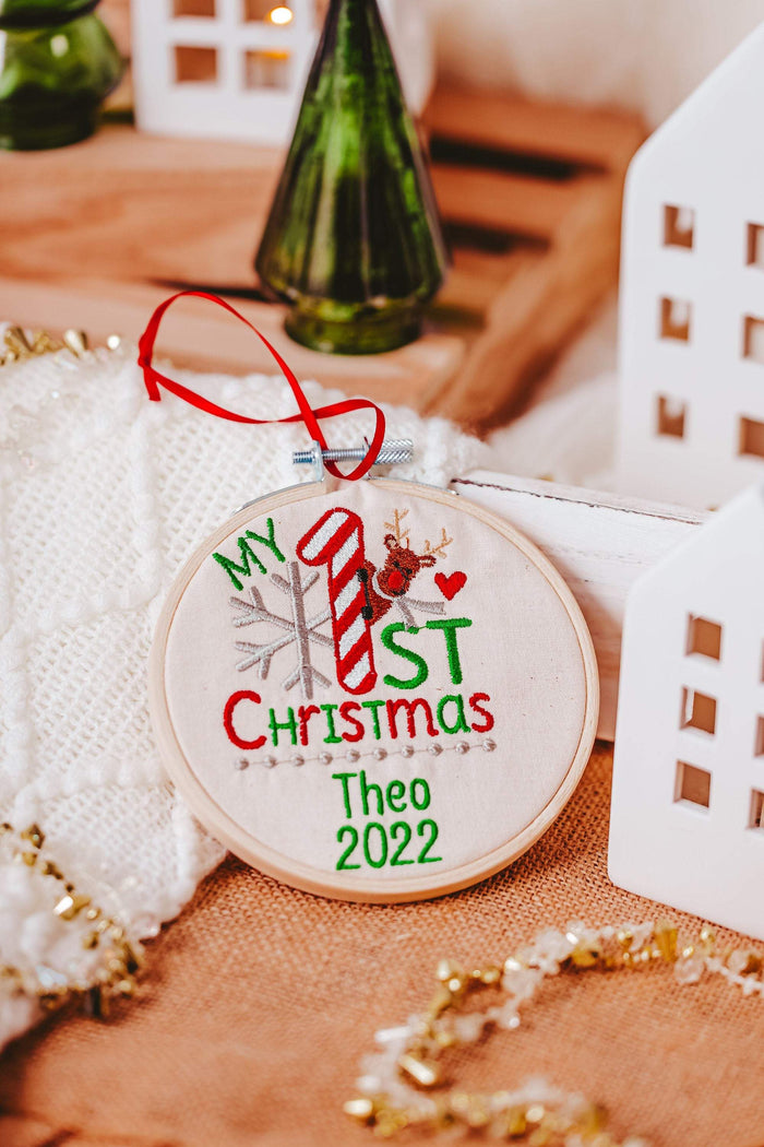 Celebrate your baby's first Christmas with this adorable personalized ornament. The embroidered design features a cute reindeer and the words "My 1st Christmas". Thi