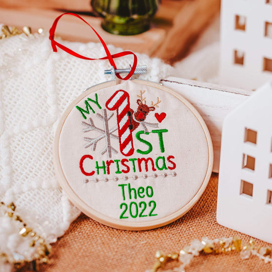 Celebrate your baby's first Christmas with this adorable personalized ornament. The embroidered design features a cute reindeer and the words "My 1st Christmas". Thi