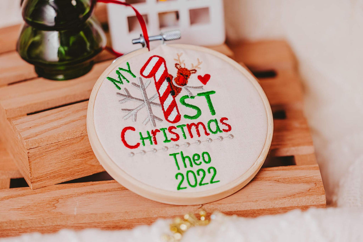 Celebrate your baby's first Christmas with this adorable personalized ornament. The embroidered design features a cute reindeer and the words "My 1st Christmas". Thi