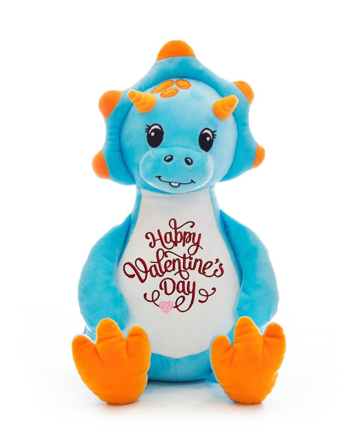 Love is in the air! Surprise your special someone with a cute dinosaur for Valentine's Day. This 18 inch tall blue dinosaur is soft, plush and ready to show how much