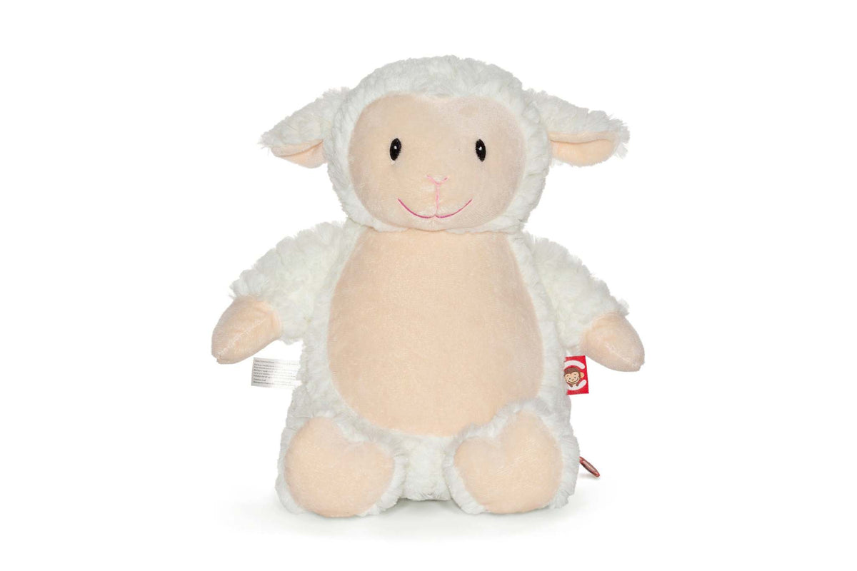 This 18 inch plush lamb is made from soft and cuddly materials, making it the perfect companion for children and adults alike. The lamb features an embroidered messa