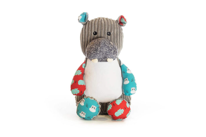 Introducing our 18 inch tall plush hippo, the perfect addition to any child's stuffed animal collection. This adorable hippo features an embroidered message on its b